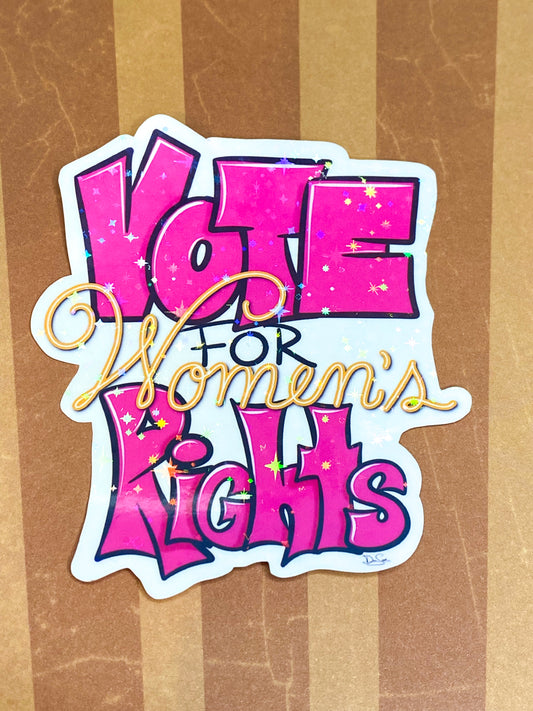 Pink Vote for Women's Rights sticker on a striped background.