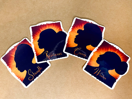 Four stickers featuring Black women with the words 'Strength', 'Resilience', 'Courage', and 'Wisdom'
