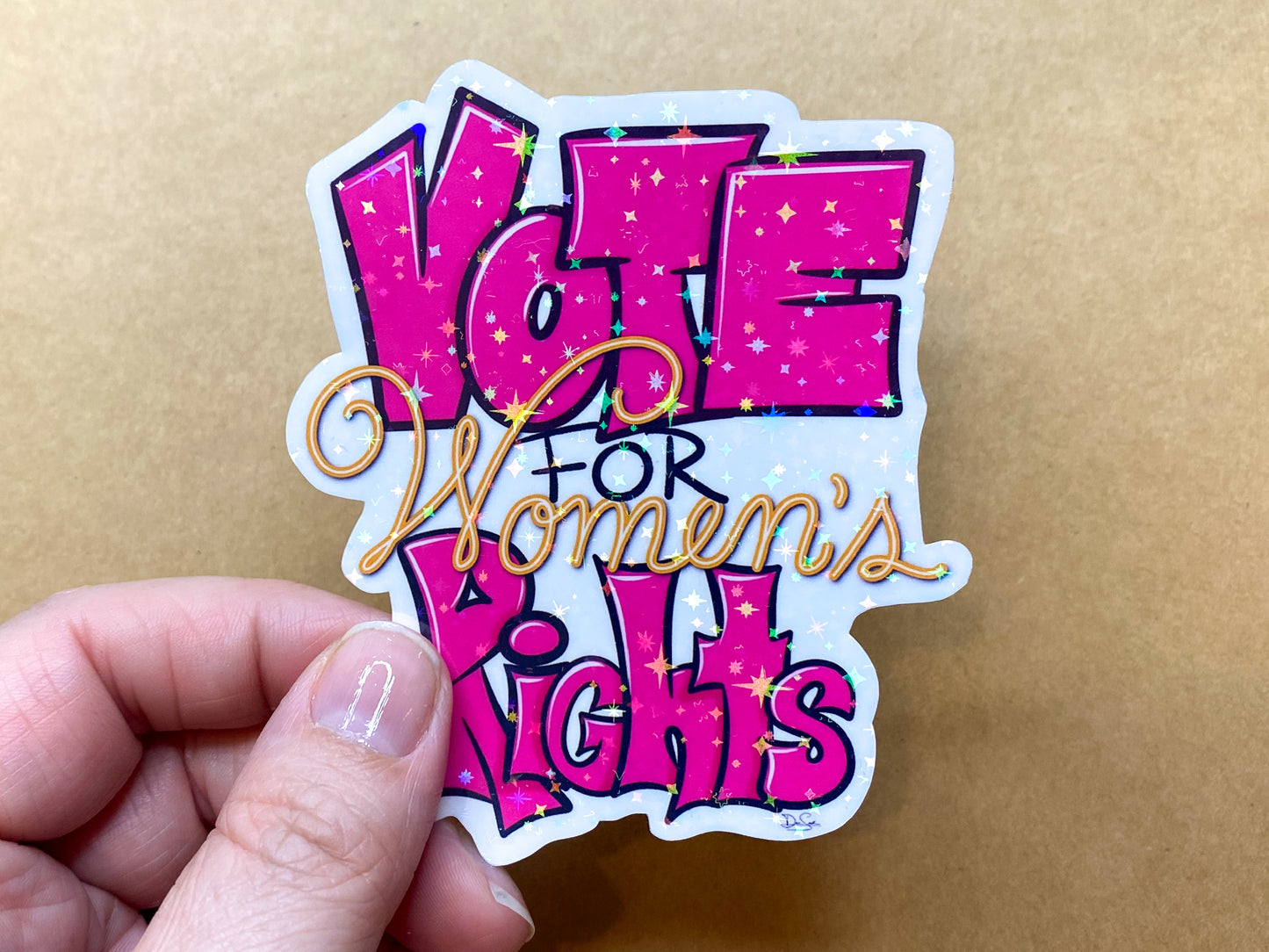 Pink Vote for Women's Right sticker with the holographic stars finish