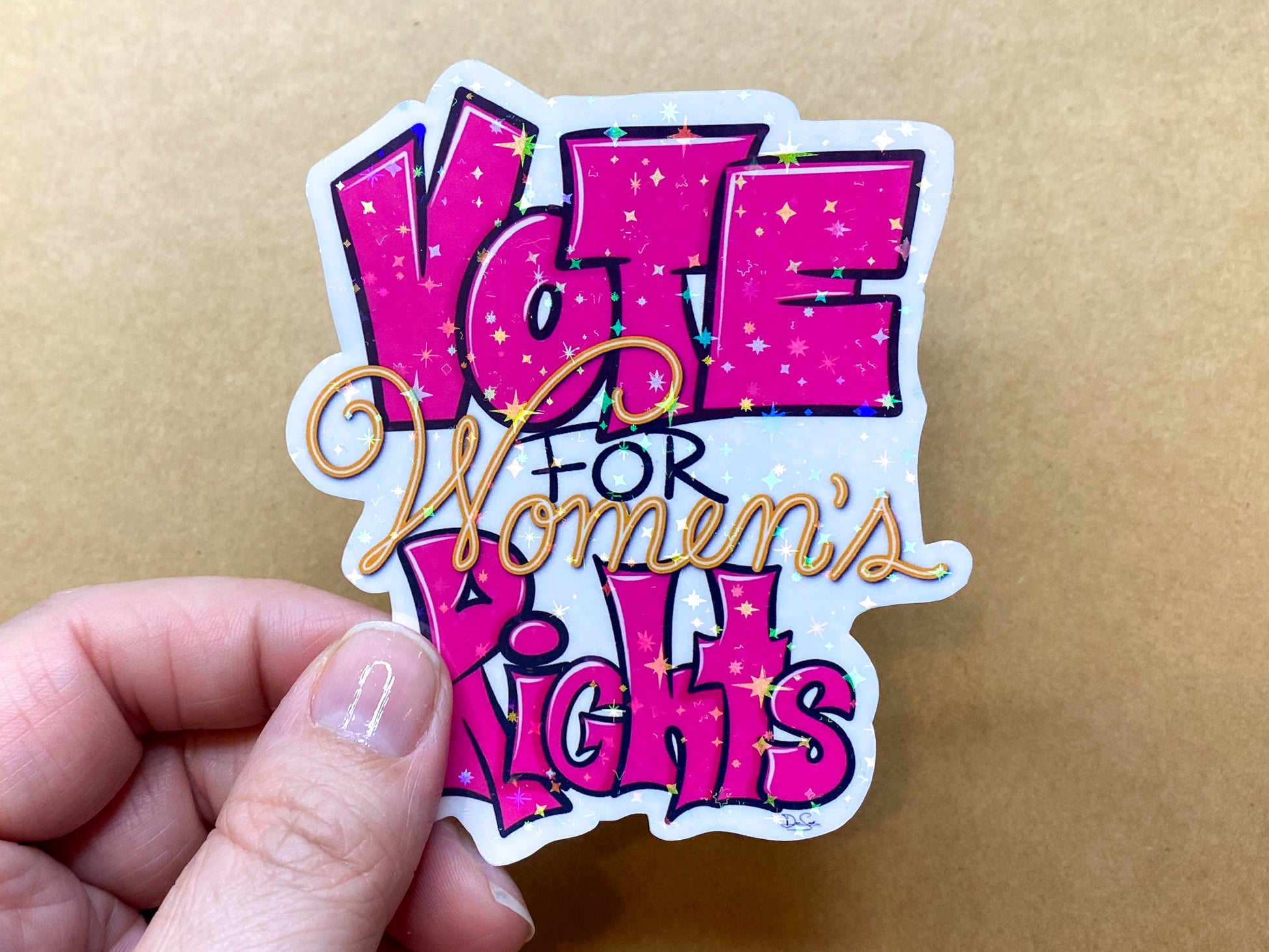 Pink Vote for Women's Right sticker with the holographic stars finish