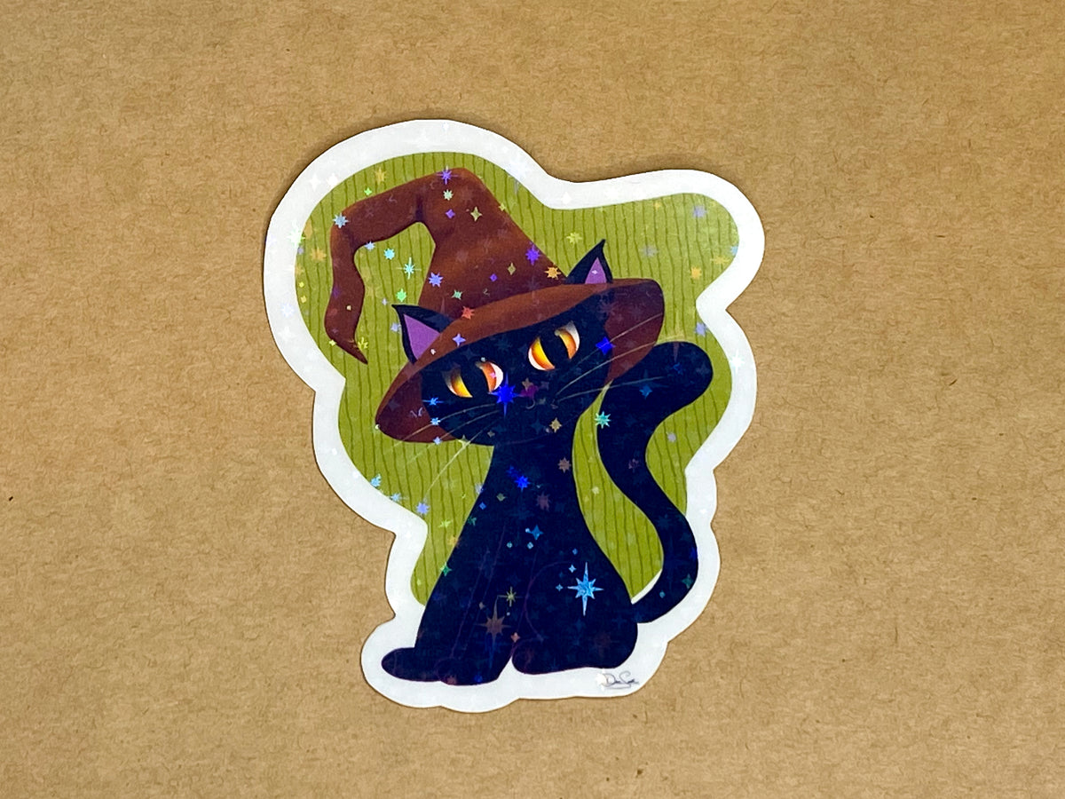 Black cat sticker with a green background