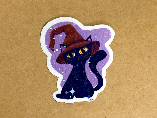 Black cat sticker with a purple background